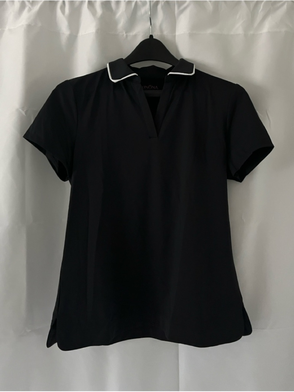 Kinona Black Short Sleeve Polo Top with White Piping Collar